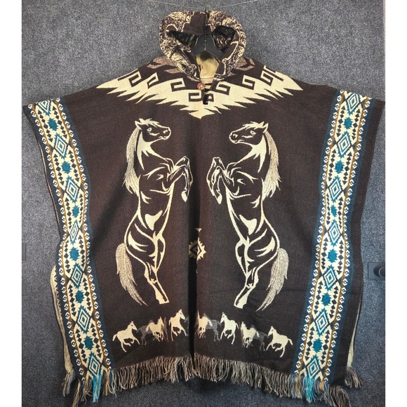 Sweaters - Southwestern Horse Hooded Poncho Blanket Shawl Fringe Cape Western Aztec Boho